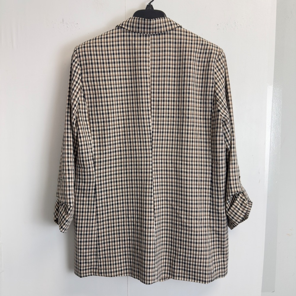 Entro Women Medium Brown Plaid Ruched 3/4 Sleeve Open Front Blazer Jacket - Picture 8 of 8